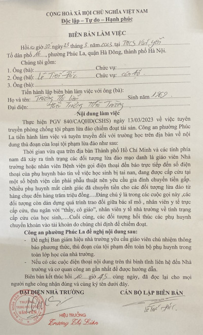 Biên bản làm việc v/v Tuyên truyền phòng chống tội phạm lừa đảo chiếm đoạt tài sản