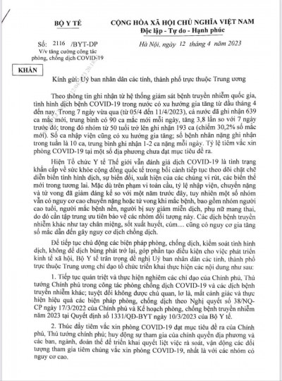 Công văn v/v tăng cường công tác phòng, chống dịch COVID-19
