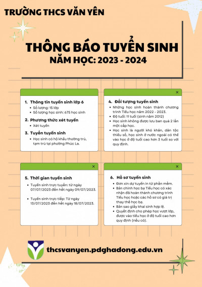 Trường THCS Văn Yên thông báo tuyển sinh năm học 2023-2024
