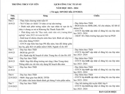 LỊCH CÔNG TÁC - TUẦN 3 (Từ ngày 18/9/2023 đến ngày 23/9/2023)·