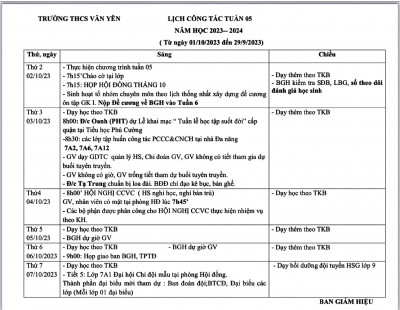 LỊCH CÔNG TÁC - TUẦN 5 (Từ ngày 2/10/2023 đến ngày 7/10/2023)·