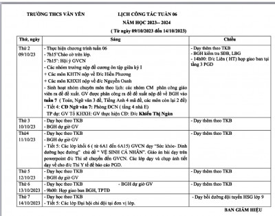 LỊCH CÔNG TÁC - TUẦN 6 (Từ ngày 9/10/2023 đến ngày 14/10/2023)·