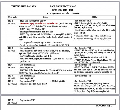 LỊCH CÔNG TÁC - TUẦN 7 (Từ ngày 16/10/2023 đến ngày 21/10/2023)·