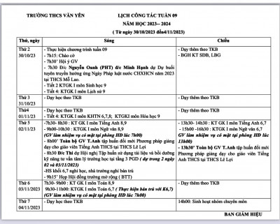 LỊCH CÔNG TÁC - TUẦN 9 (Từ ngày 30/10/2023 đến ngày 4/11/2023)·