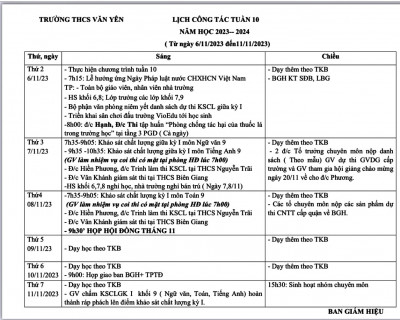 LỊCH CÔNG TÁC - TUẦN 10 (Từ ngày 6/11/2023 đến ngày 11/11/2023)·