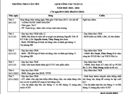 LỊCH CÔNG TÁC - TUẦN 12 (Từ ngày 20/11/2023 đến ngày 25/11/2023)·