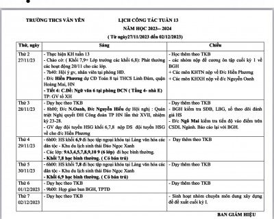 LỊCH CÔNG TÁC - TUẦN 13 (Từ ngày 27/11/2023 đến ngày 2/12/2023)·