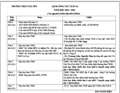 LỊCH CÔNG TÁC - TUẦN 14 (Từ ngày 4/12/2023 đến ngày 9/12/2023)·