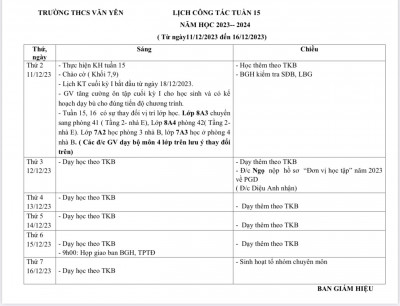 LỊCH CÔNG TÁC - TUẦN 15 (Từ ngày 11/12/2023 đến ngày 16/12/2023)·