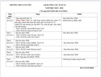 LỊCH CÔNG TÁC - TUẦN 16 (Từ ngày 18/12/2023 đến ngày 23/12/2023)·