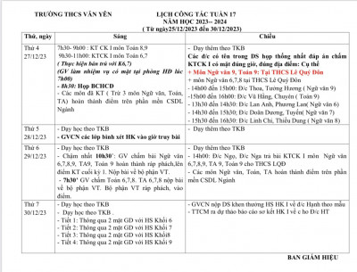 LỊCH CÔNG TÁC - TUẦN 17 (Từ ngày 25/12/2023 đến ngày 30/12/2023)·