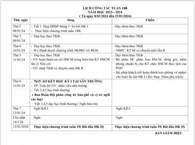 LỊCH CÔNG TÁC - TUẦN 18 (Từ ngày 8/1/2024 đến ngày 15/1/2024)·