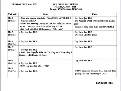 LỊCH CÔNG TÁC - TUẦN 19 (Từ ngày 5/1/2024 đến ngày 20/1/2024)·