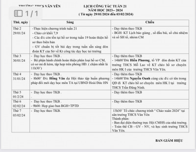 LỊCH CÔNG TÁC - TUẦN 21 (Từ ngày 29/1/2024 đến ngày 3/2/2024)