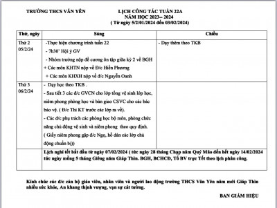 LỊCH CÔNG TÁC - TUẦN 22A (Từ ngày 5/2/2024 đến ngày 3/2/2024·