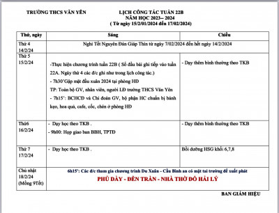 LỊCH CÔNG TÁC - TUẦN 22B (Từ ngày 15/2/2024 đến ngày 17/2/2024·