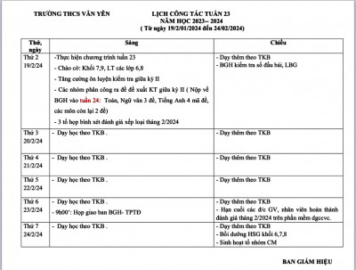 LỊCH CÔNG TÁC - TUẦN 23 (Từ ngày 19/2/2024 đến ngày 24/2/2024·