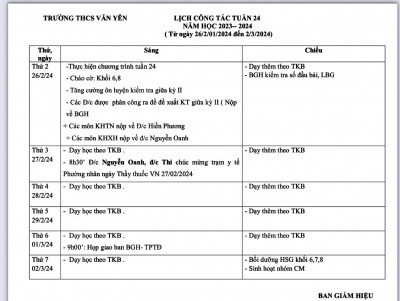 LỊCH CÔNG TÁC - TUẦN 24 (Từ ngày 26/2/2024 đến ngày 2/3/2024·