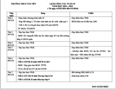 LỊCH CÔNG TÁC - TUẦN 25 (Từ ngày 4/3/2024 đến ngày 9/3/2024·