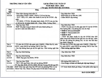 LỊCH CÔNG TÁC - TUẦN 27 (Từ ngày 18/3/2024 đến ngày 24/3/2024·