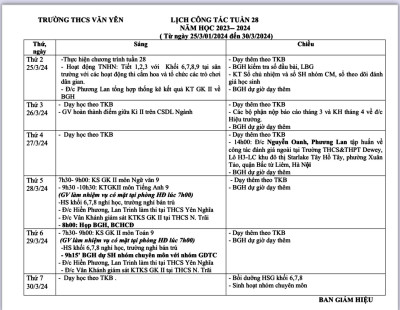 LỊCH CÔNG TÁC - TUẦN 28 (Từ ngày 25/3/2024 đến ngày 30/3/2024·
