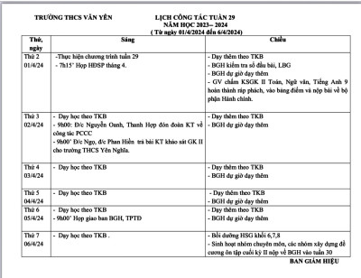 LỊCH CÔNG TÁC - TUẦN 29 (Từ ngày 1/4/2024 đến ngày 6/4/2024·