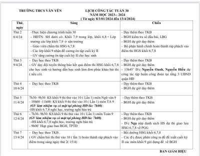 LỊCH CÔNG TÁC - TUẦN 30 (Từ ngày 8/4/2024 đến ngày 13/4/2024·