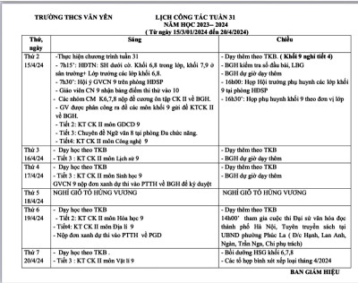 LỊCH CÔNG TÁC - TUẦN 31 (Từ ngày 15/4/2024 đến ngày 20/4/2024·