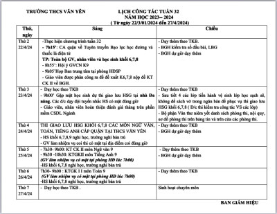 LỊCH CÔNG TÁC - TUẦN 32 (Từ ngày 22/4/2024 đến ngày 27/4/2024·