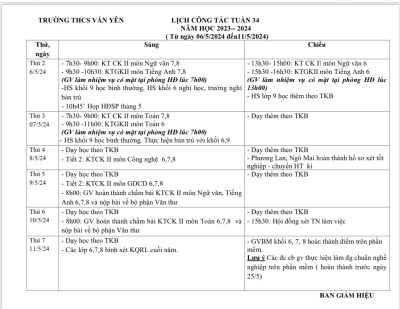 LỊCH CÔNG TÁC - TUẦN 34 (Từ ngày 6/5/2024 đến ngày 11/5/2024·