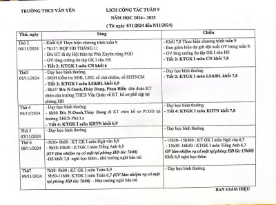 Lịch công tác tuần 9 (từ ngày 4/11/2024 đến ngày 9/11/2024)