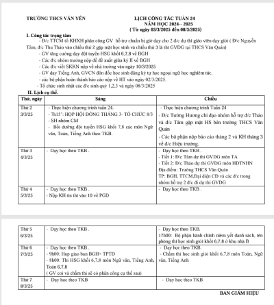 Lịch công tác tuần 24 (từ ngày 3/3/2025 đến ngày 8/3/2025)