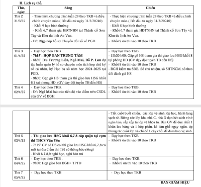 Lịch công tác tuần 28(Từ ngày 31/3/2025 đến ngày 5/4/2025)