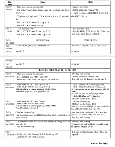 Lịch công tác tuần 32(Từ ngày 28/4/2025 đến ngày 4/5/2025)