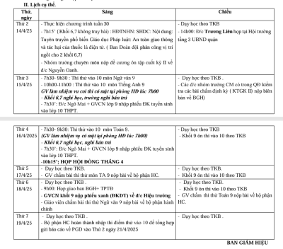Lịch công tác tuần 30(Từ ngày 14/4/2025 đến ngày 19/4/2025)