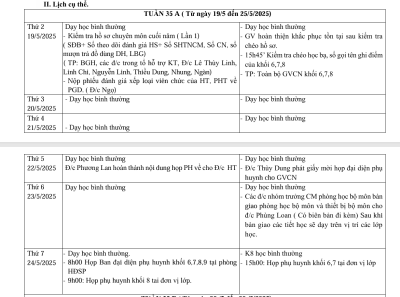 Lịch công tác tuần 35A(Từ ngày 19/5/2025 đến ngày 24/5/2025)