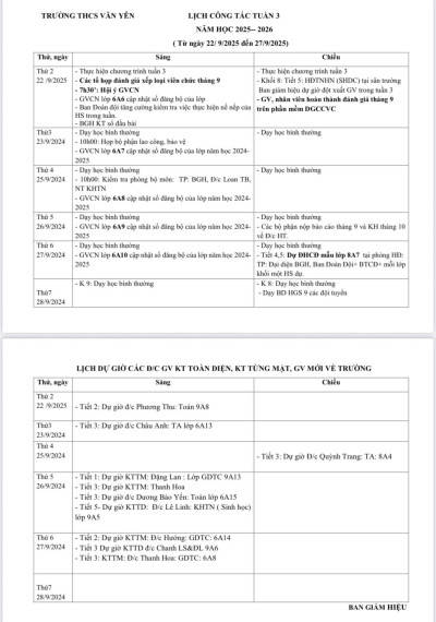 Lịch công tác tuần 3 (từ ngày 22/9/2025 đến ngày 27/9/2025)