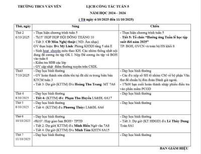 Lịch công tác tuần 5 (từ ngày 6/10/2025 đến ngày 11/10/2025)