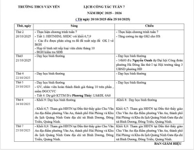 Lịch công tác tuần 7 (từ ngày 20/10/2025 đến ngày 25/10/2025)