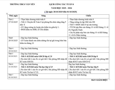 Lịch công tác tuần 8 (từ ngày 27/10/2025 đến ngày 1/11/2025)