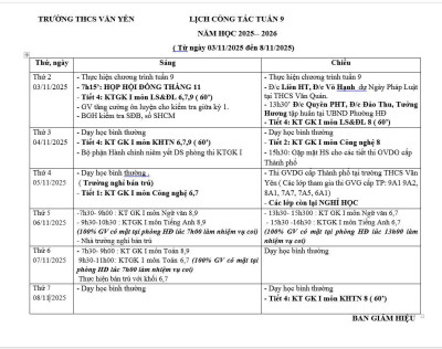 Lịch công tác tuần 9 (từ ngày 3/11/2025 đến ngày 8/11/2025)