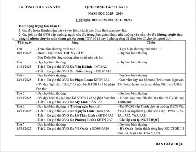 Lịch công tác tuần 10 (từ ngày 10/11/2025 đến ngày 15/11/2025)