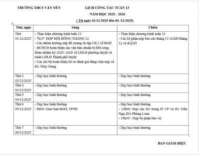 Lịch công tác tuần 13 (từ ngày 1/12/2025 đến ngày 6/12/2025)