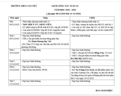 Lịch công tác tuần 14 (từ ngày 8/12/2025 đến ngày 13/12/2025)
