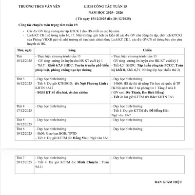Lịch công tác tuần 15 (từ ngày 15/12/2025 đến ngày 20/12/2025)