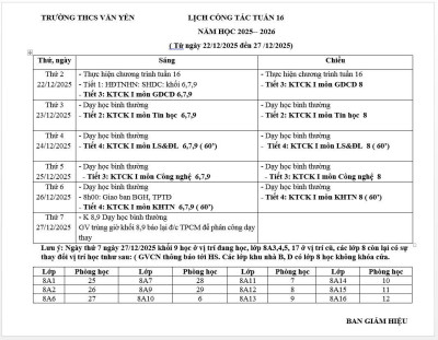 Lịch công tác tuần 16 (từ ngày 22/12/2025 đến ngày 27/12/2025)