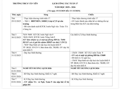 Lịch công tác tuần 17 (từ ngày 29/12/2025 đến ngày 3/1/2026)