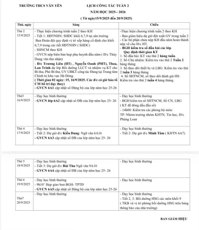 LỊch công tác tuần 2 (từ ngày 15/9/2025 đến ngày 20/9/2025)