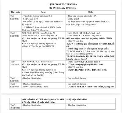 Lịch công tác tuần 18A (từ ngày 05/1/2026 đến ngày 10/1/2026)