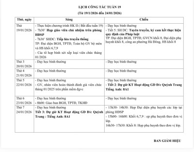 Lịch công tác tuần 19 (từ ngày 9/1/2026 đến ngày 23/1/2026)